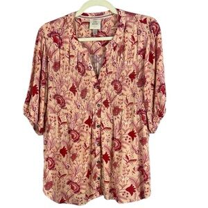 Knox Rose Peach Pink Floral Short Sleeve Mandarin Collar Blouse Size Large